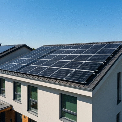 Solar panels on a modern house roof with a bright summer sky