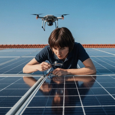 Technician inspecting solar panel wiring on a roof
