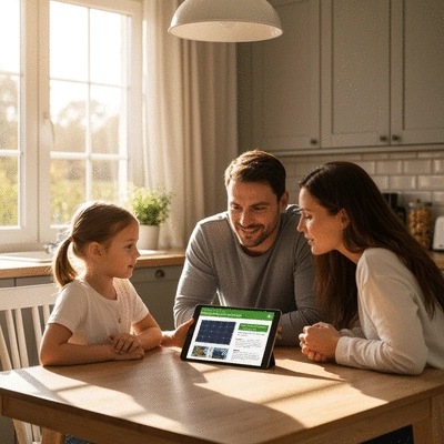 Family discussing solar options at home with a tablet