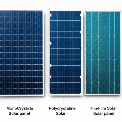 Different types of solar panels side-by-side: monocrystalline, polycrystalline, and thin-film, with clear labels and a modern, clean background, no text, no words, no typography, 8K, natural lighting