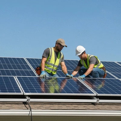 Workers installing solar panels on a residential roof