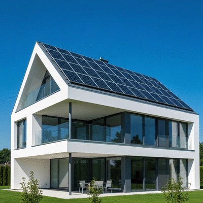 Modern house with solar panels on roof, green energy concept