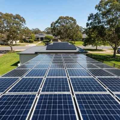 Solar panels on a residential roof in a sunny suburban neighborhood
