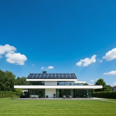 Modern home with solar panels on the roof, clean energy concept