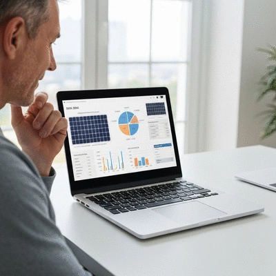 Person using a laptop with solar panel calculations on screen, showing financial planning