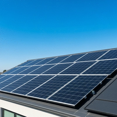 Solar panels on a residential rooftop with a clear blue sky