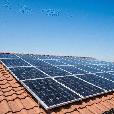 Residential solar panel installation on a rooftop with a clear blue sky