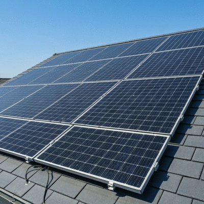 Solar panels on a modern house roof under a clear sky
