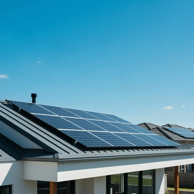 Solar panels on a modern home roof with blue sky