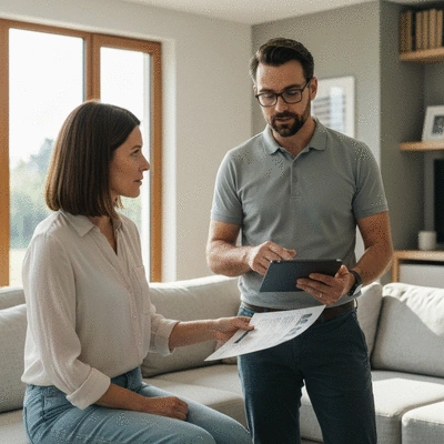 Homeowner discussing solar panel installation with a solar expert, reviewing documents