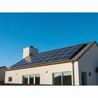 Residential solar panels on a rooftop with clear blue sky, showing a modern home with clean lines, no text, no words, no typography, 8K