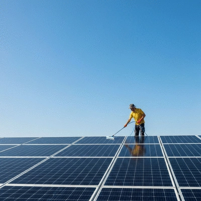 Person cleaning solar panels on a rooftop, with a clear blue sky background, no text, no words, no typography, clean image