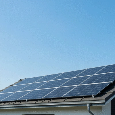 Solar panels on a modern rooftop with a clear blue sky, illustrating efficient energy generation and financing opportunities