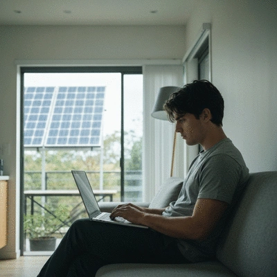Person using a laptop to research solar financing options, with a solar panel visible through the window