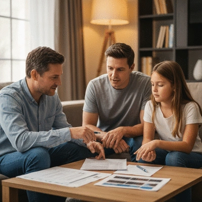 Family reviewing solar energy documents at home, clean image