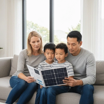 Family looking at solar panel brochure in their modern living room, natural light, no text, no words, no typography, clean image