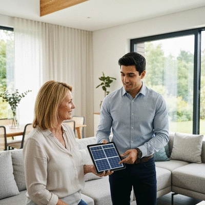 Homeowner discussing solar panel installation with a consultant