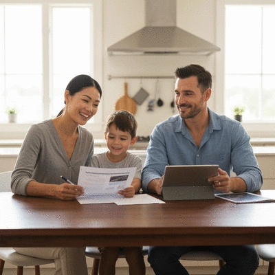 Family discussing solar panel loan options at home
