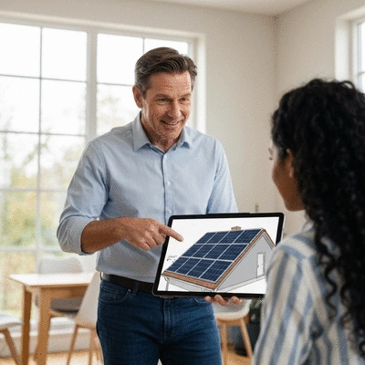 A solar energy consultant discussing installation plans with a homeowner, pointing to a diagram of a solar panel system on a tablet, bright, modern home setting, no text, no words, no typography, 8K, natural lighting