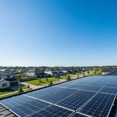 Solar panels on a residential roof in a sunny suburban neighborhood
