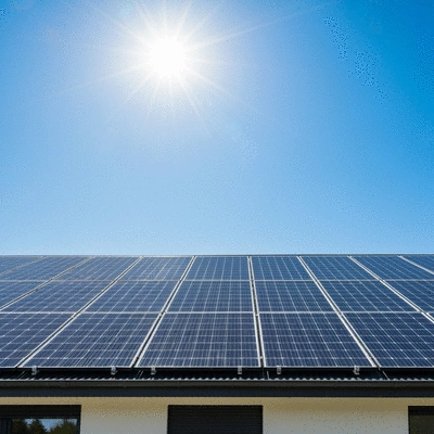 Solar panels on a residential roof with a clear blue sky