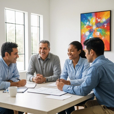 Diverse group of people discussing eco-friendly financing options for solar energy