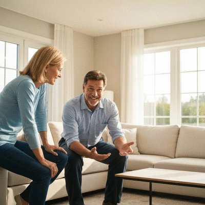 Happy couple discussing solar energy plan with a contractor in their home