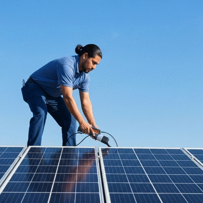 Technician using specialized equipment to inspect solar panels on a residential rooftop, clear blue sky, no text, no words, no typography, clean image