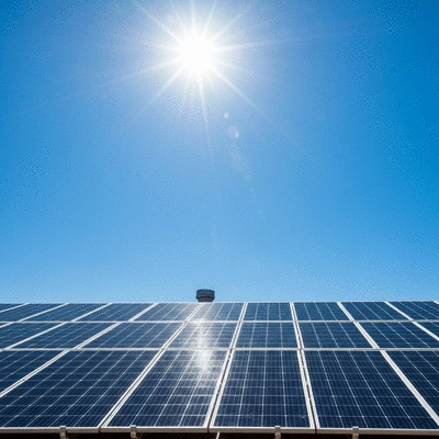 Modern solar panels on a residential rooftop with a clear blue sky, demonstrating sustainable energy investment, no text, no words, no typography, clean image