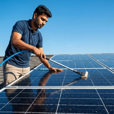 Professional cleaning solar panels on a sunny roof