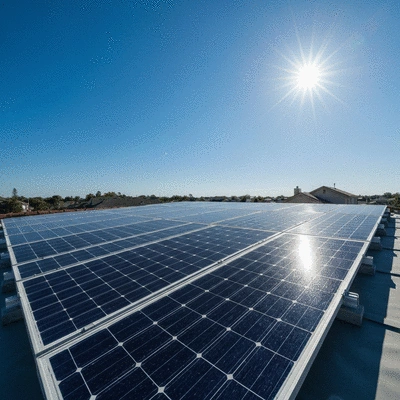 Solar panels on a residential rooftop with a clear blue sky