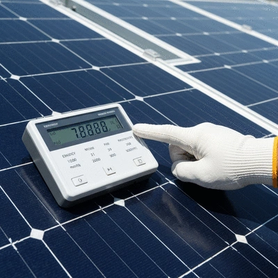 Detailed close-up of a solar panel and a hand pointing at an energy meter