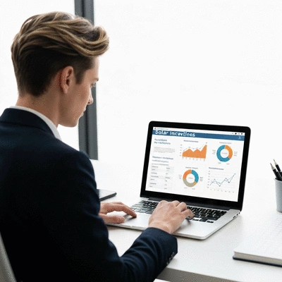 Person comparing solar incentives on a laptop