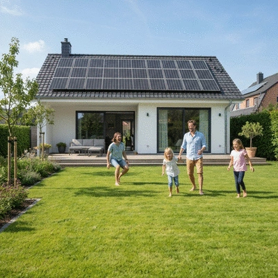 Family enjoying a sunny day in their backyard with a modern home featuring solar panels in the background, clean image, no text, no words, no typography, 8K