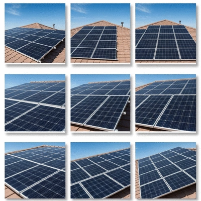 Solar panels on a residential rooftop with a clear blue sky, demonstrating lower upfront costs and long-term savings, no text, no words, no typography, clean image