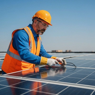 Solar panel technician inspecting a solar installation on a rooftop