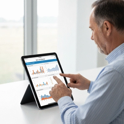 Person using a solar loan calculator on a tablet, showing financial figures and graphs