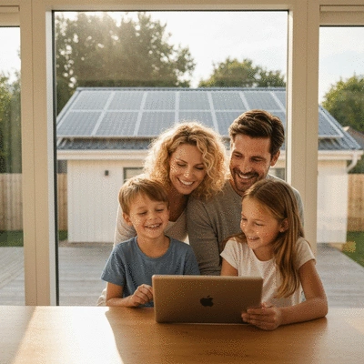 Family enjoying a sunny day at home with visible solar panels