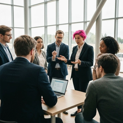 A diverse group of people discussing clean energy solutions in a modern, sunlit office, symbolizing community and collaboration, no text, no words, no typography, 8K