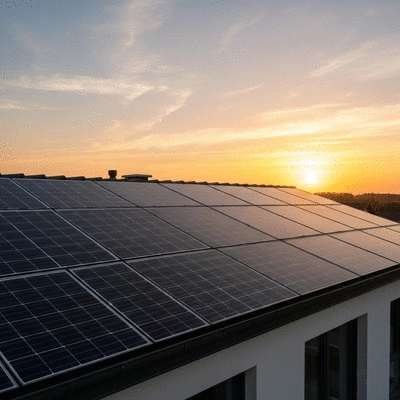 Solar panels on a modern house during sunset