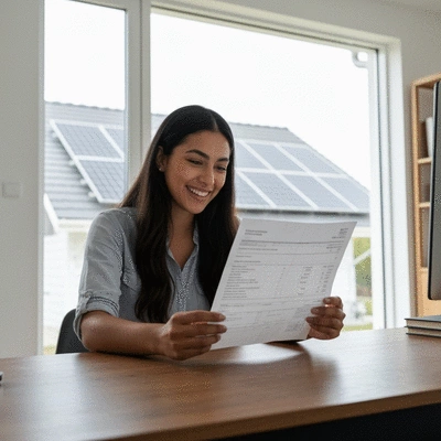Homeowner reviewing energy bill with significant savings after solar panel installation