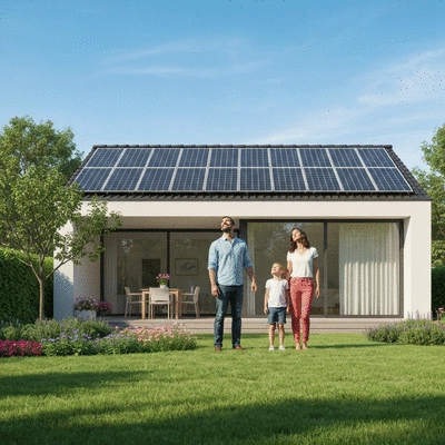 Happy family looking at a solar panel array on their roof from their backyard