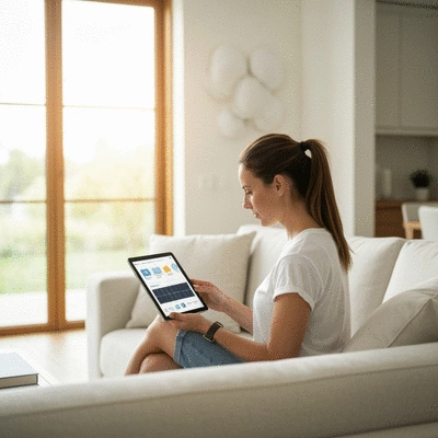 Homeowner reviewing solar financing options on a tablet in a modern living room