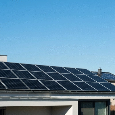 Solar panels on a modern rooftop with a clear blue sky