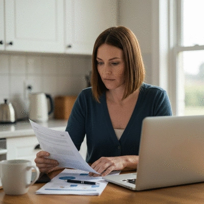 A homeowner reviewing solar financing documents at a kitchen table with a laptop, highlighting careful consideration of options, no text, no words, no typography, clean image