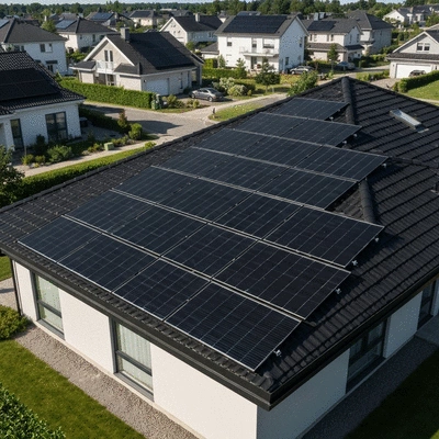 Modern solar panels installed on a residential roof in a sunny suburban neighborhood