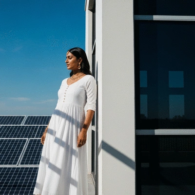 Happy family standing in front of a house with solar panels, symbolizing a sustainable future and financial benefits
