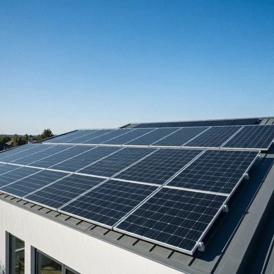 Modern solar panels installed on a residential rooftop under a clear blue sky, illustrating sustainable energy adoption, no text, no words, no typography, 8K