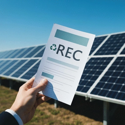 Hand holding a document labeled 'REC' with solar panels in background