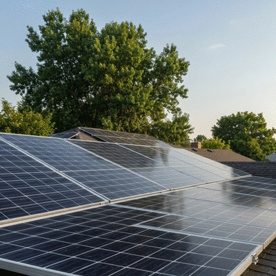 Solar panels on a residential roof, with green trees and clear sky in the background, no text, no words, no typography, clean image